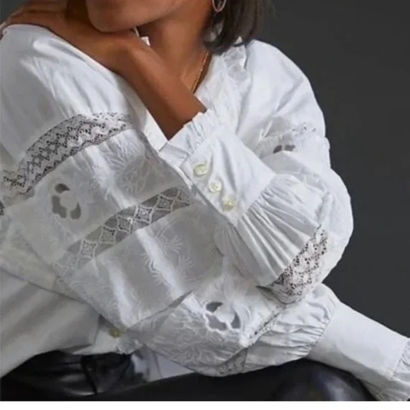 Anthropologie Love The Label Puff-Sleeved Lace Buttondown - Picture 3 of 15